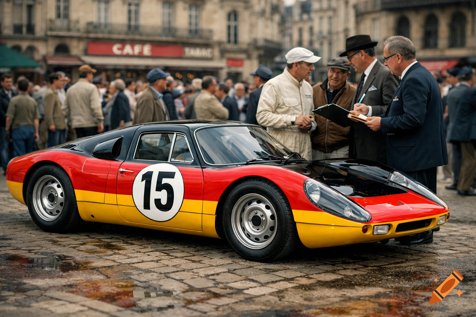 A red, yellow, and black 1964 Porsche 904 Carrera GTS with racing number 15 is parked on a cobblestone square. Four men stand around the car, two with clipboards, during a classic car event.