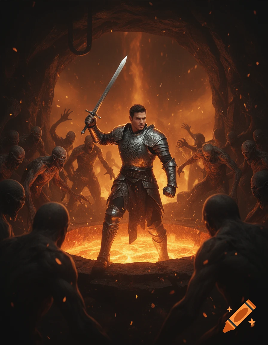 A valiant knight in shining armor stands with his sword raised in a ...