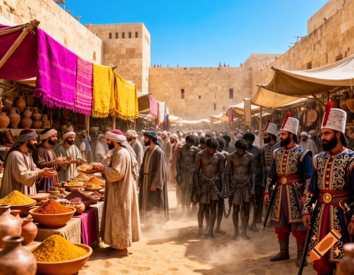 A bustling market in an ancient Babylonian city, with merchants selling spices and goods, and Janissary guards patrolling a group of chained slaves.