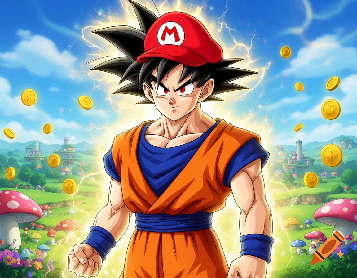 Goku in a Mario hat, glowing with electrical energy, stands in a vibrant Super Mario world with castles, mushrooms, and floating gold coins.