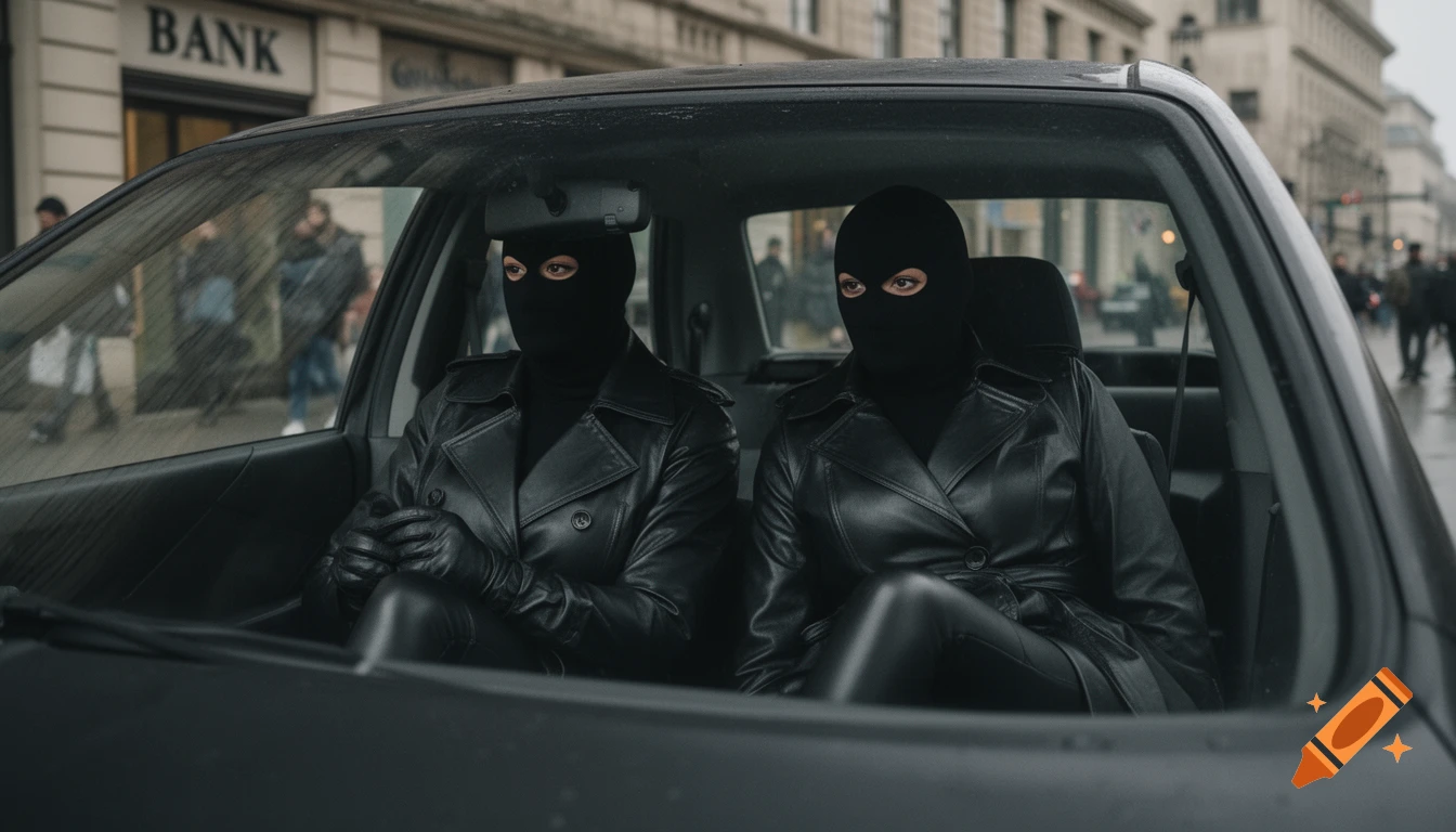 Two figures in black balaclavas and leather trench coats sit inside a car, observing a bank building in a photorealistic style.