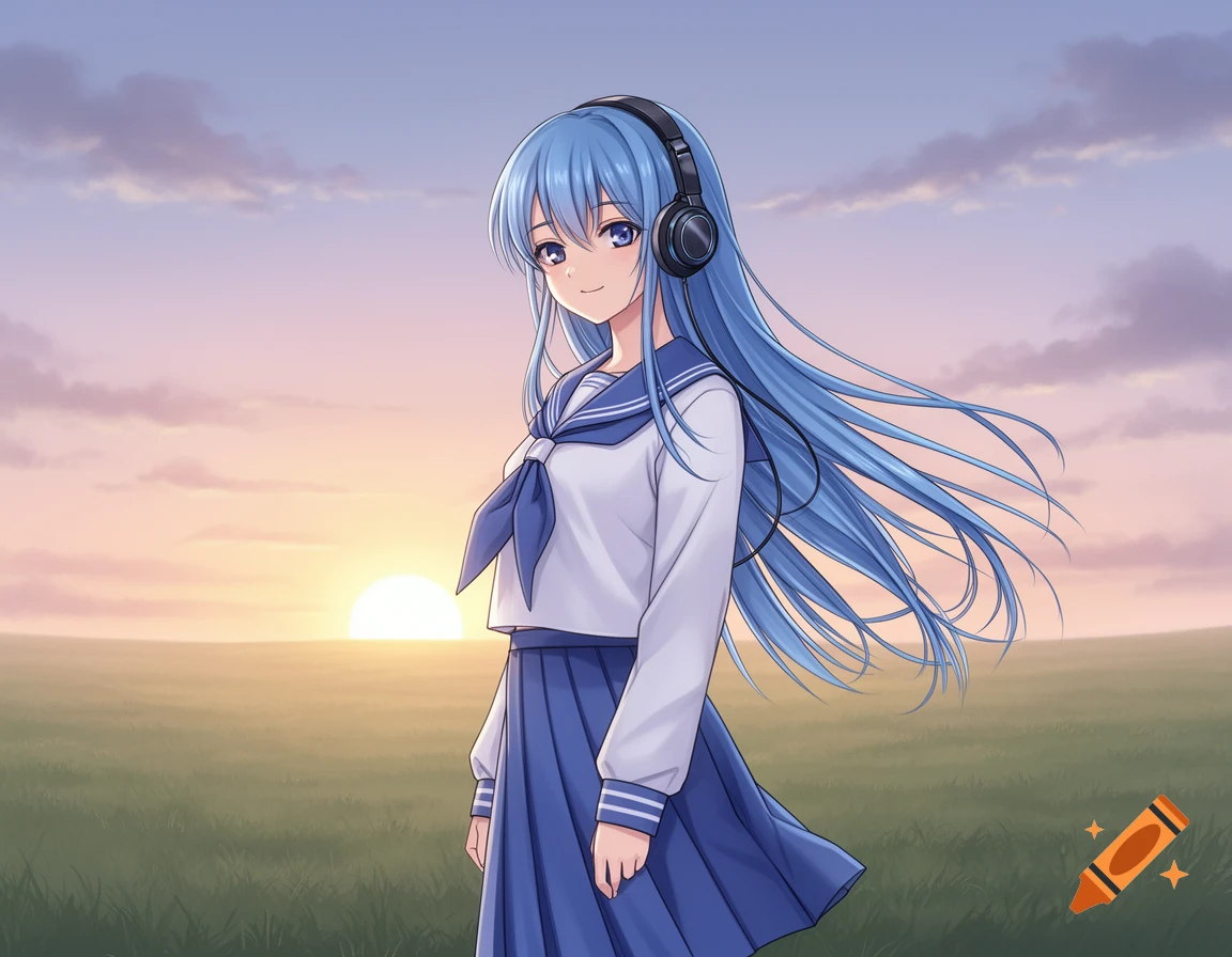Anime girl with long blue hair and headphones, wearing a school uniform, standing in a field at sunset.