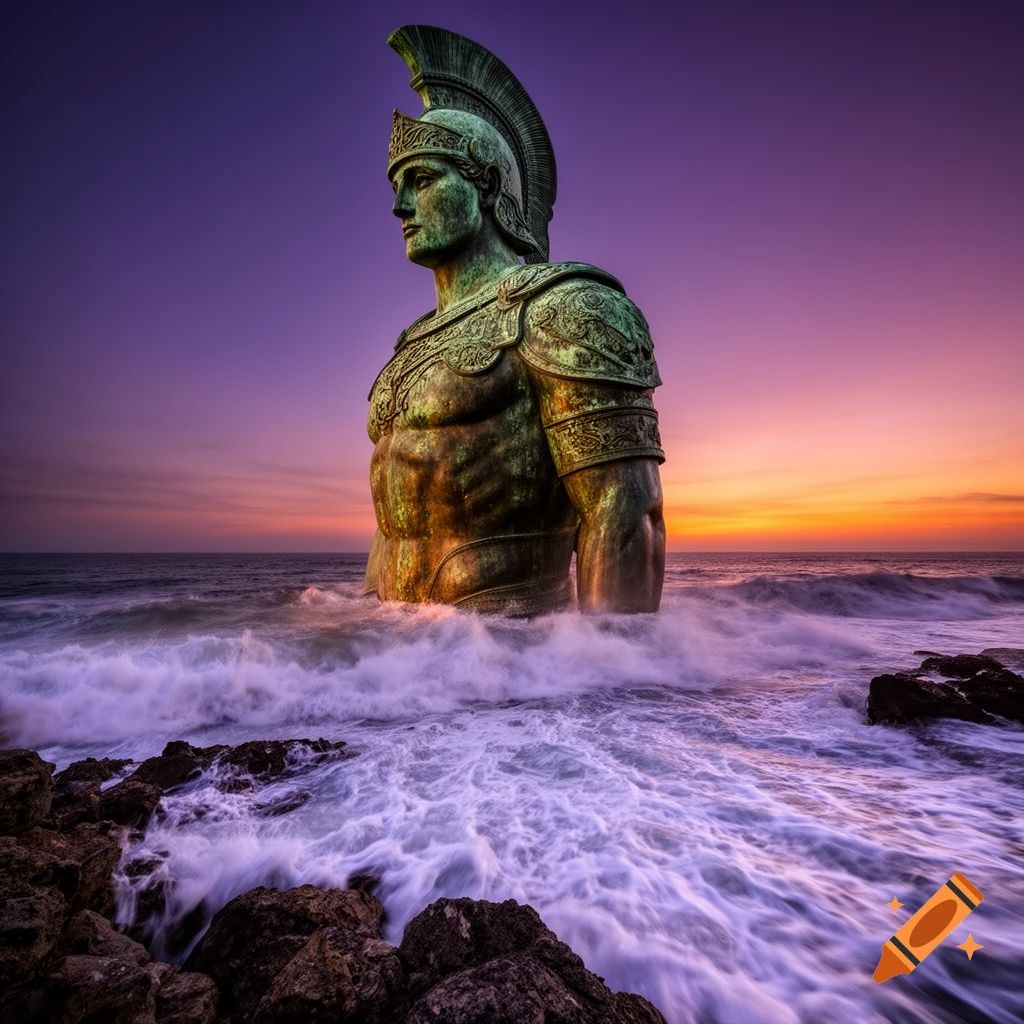 A colossal bronze statue of a Greek warrior emerges from the ocean at sunset, waves crashing around its base.