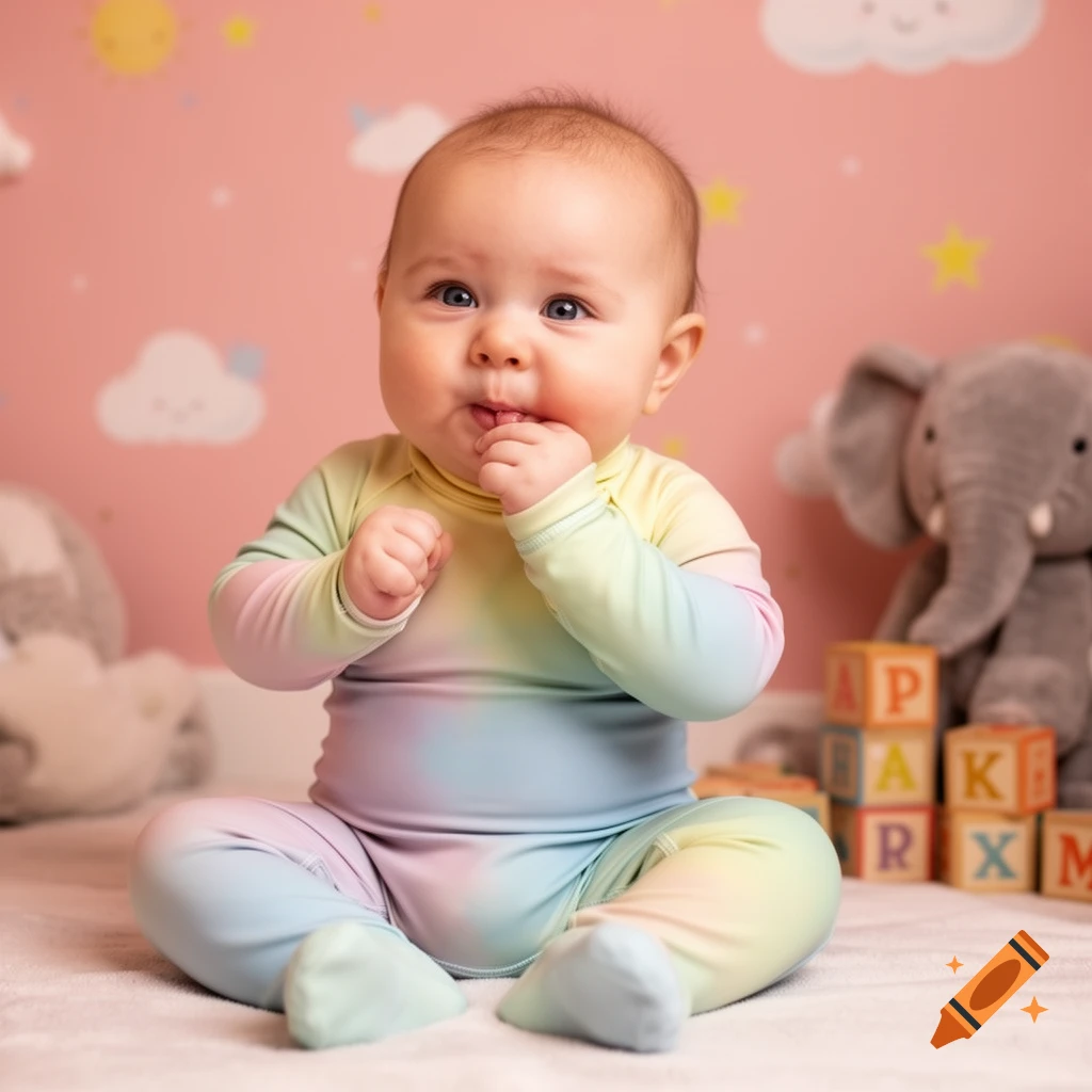 A happy baby in a rainbow-colored onesie sits on a blanket, with building blocks and a stuffed elephant in a pink room.