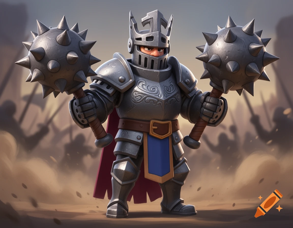 A stout, cartoonish knight in silver armor and a horned helmet wields two spiked maces on a dusty battlefield with silhouetted figures.