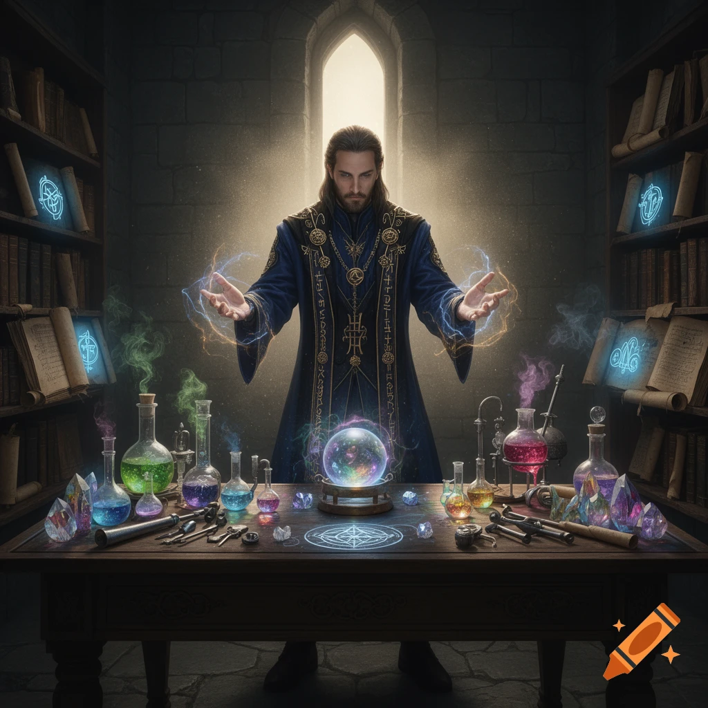 A male wizard in a blue robe stands in a dimly lit stone chamber, surrounded by glowing potions and a crystal ball, casting magic.