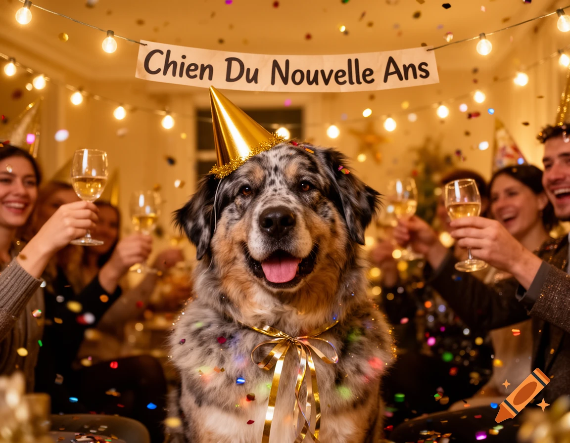 A photorealistic image of a happy dog wearing a gold party hat and bow tie, sitting at a New Year's party with confetti around it and blurred people celebrating in the background.
