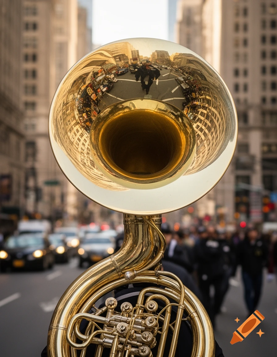 A close-up of a shiny brass sousaphone reflecting a busy city street with buildings, vehicles, and blurred people.