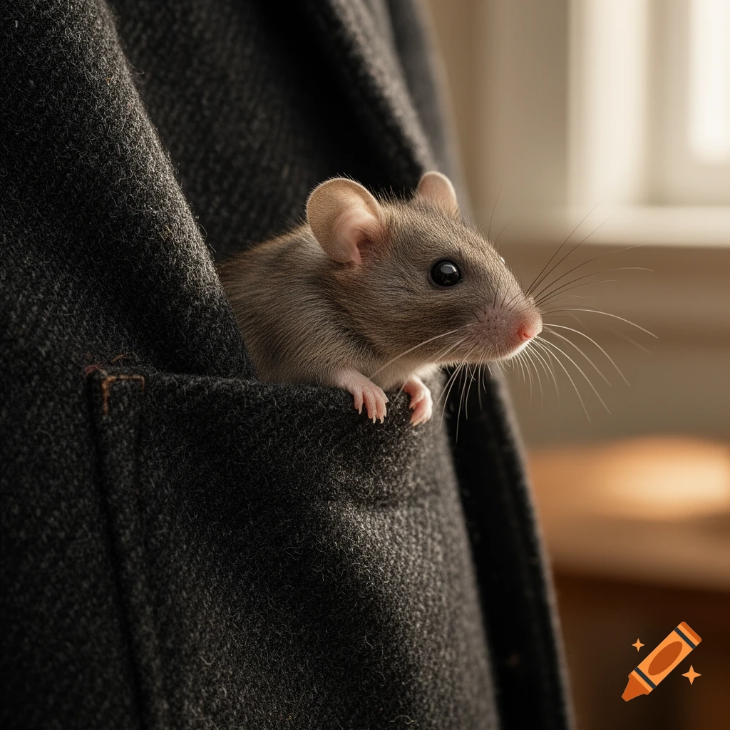 A photorealistic image of a small brown mouse peeking out of a dark grey coat pocket.