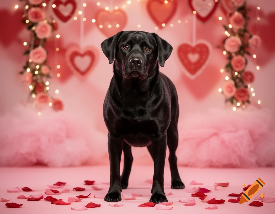 A photorealistic black Labrador dog stands on a pink floor with red rose petals against a bokeh background of hearts, lights, and roses.