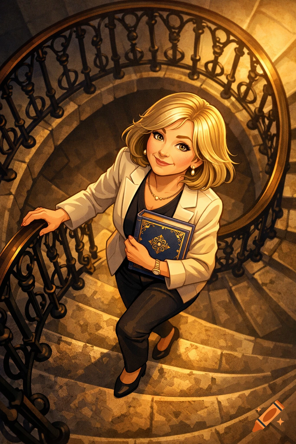 Cartoon of a blonde woman in a white blazer climbing a spiral staircase, holding a decorative blue book.