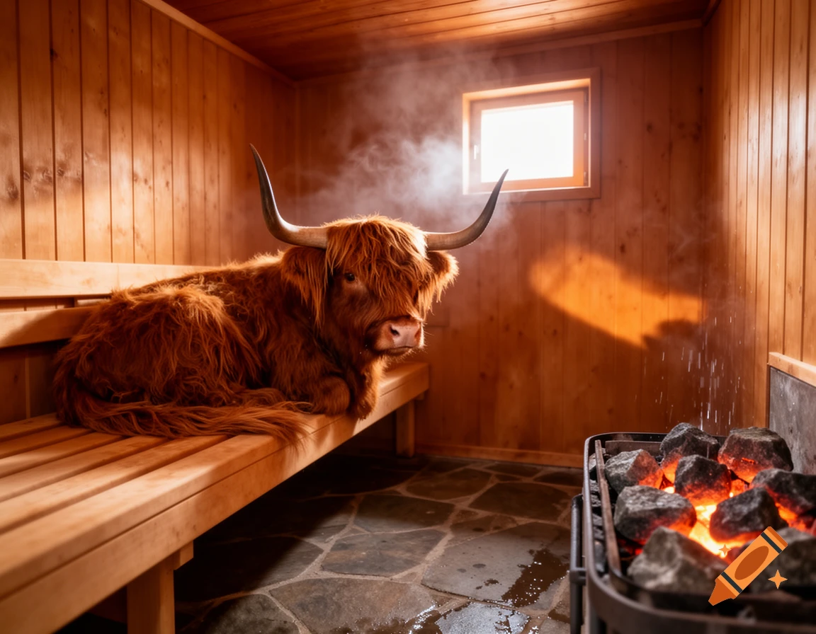 A shaggy Highland cow relaxes on a wooden bench in a steamy sauna with a glowing rock heater and window.
