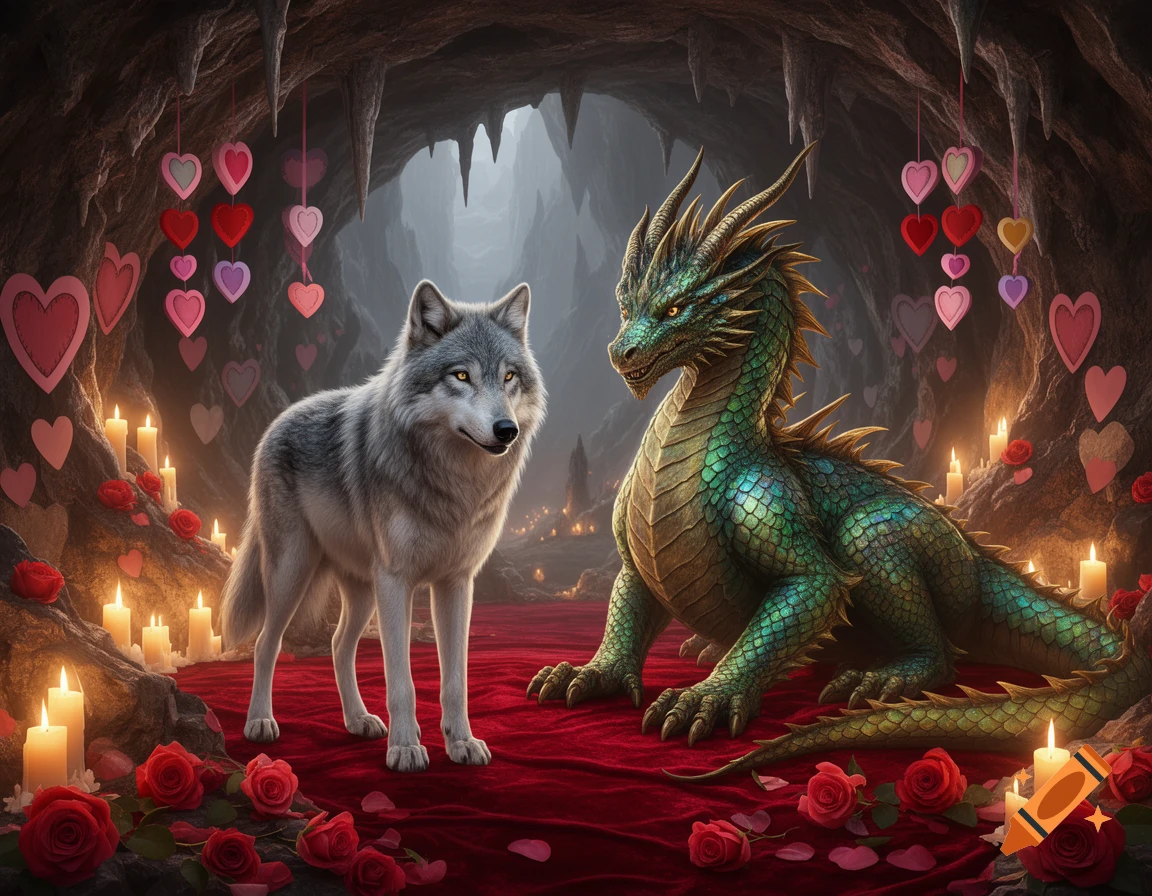 A photorealistic gray wolf and a green dragon sit among candles and red roses on a red carpet in a cave adorned with hanging hearts.