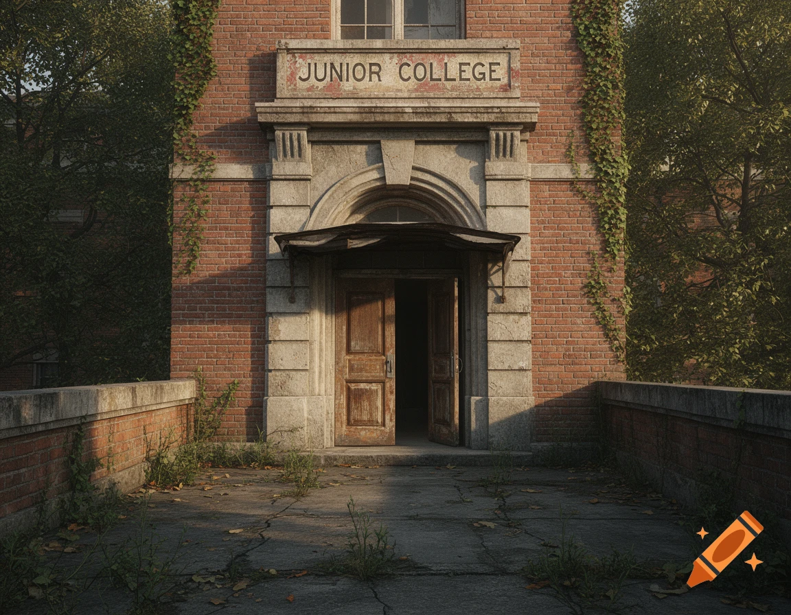Photorealistic front entrance of an old, vine-covered brick junior college building with a cracked, overgrown stone path.