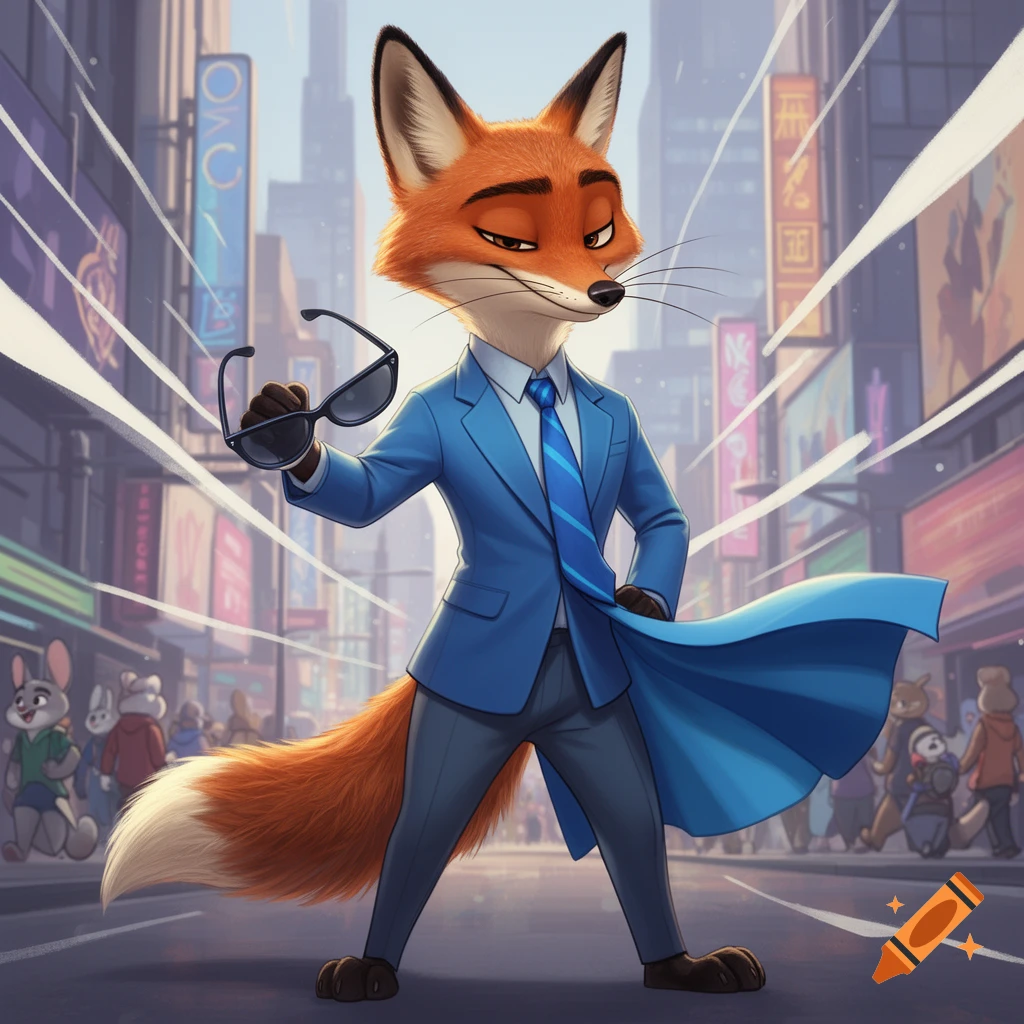 A cartoon fox, similar to Nick Wilde from Zootopia, in a blue suit, holding sunglasses in a city street.