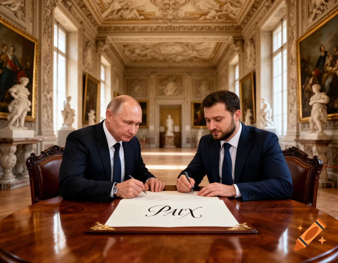 Vladimir Putin and Volodymyr Zelenskyy sign a document labeled "PAIX" at a polished wooden table in a lavish, ornate museum hall.