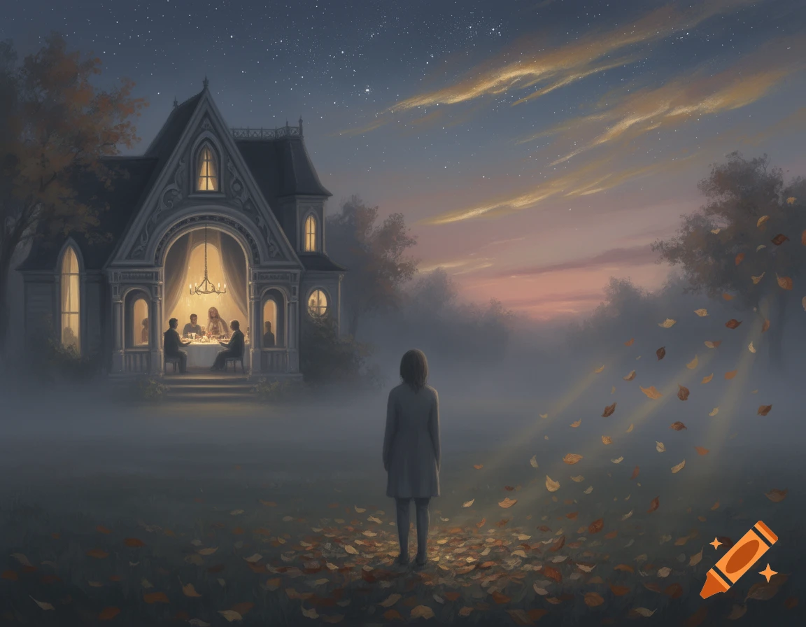 A lone person stands in a foggy, leaf-strewn yard, gazing at a warmly lit house where a family dines under a starry sky. Dreamlike art style.