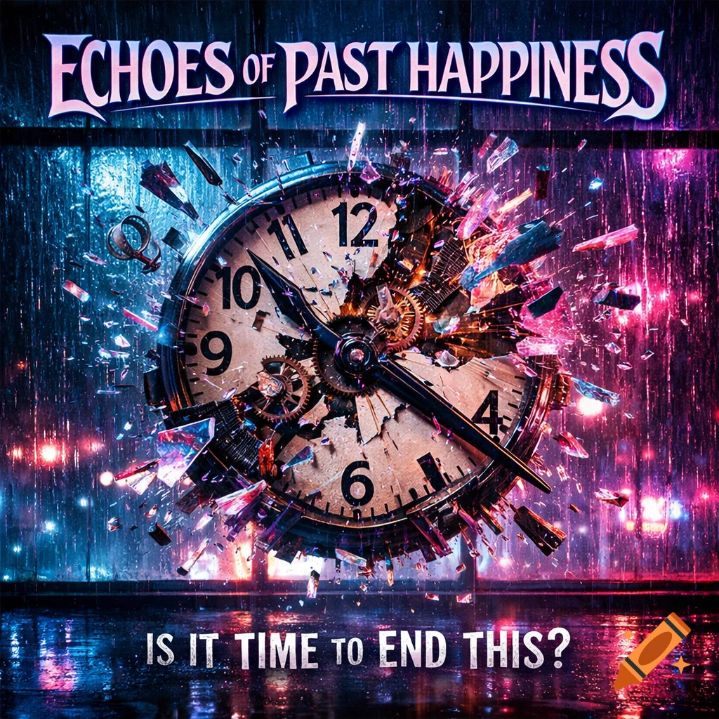 An exploding analog clock shatters into pieces, surrounded by neon lights and rain. Text reads 'ECHOES OF PAST HAPPINESS' and 'IS IT TIME TO END THIS?'