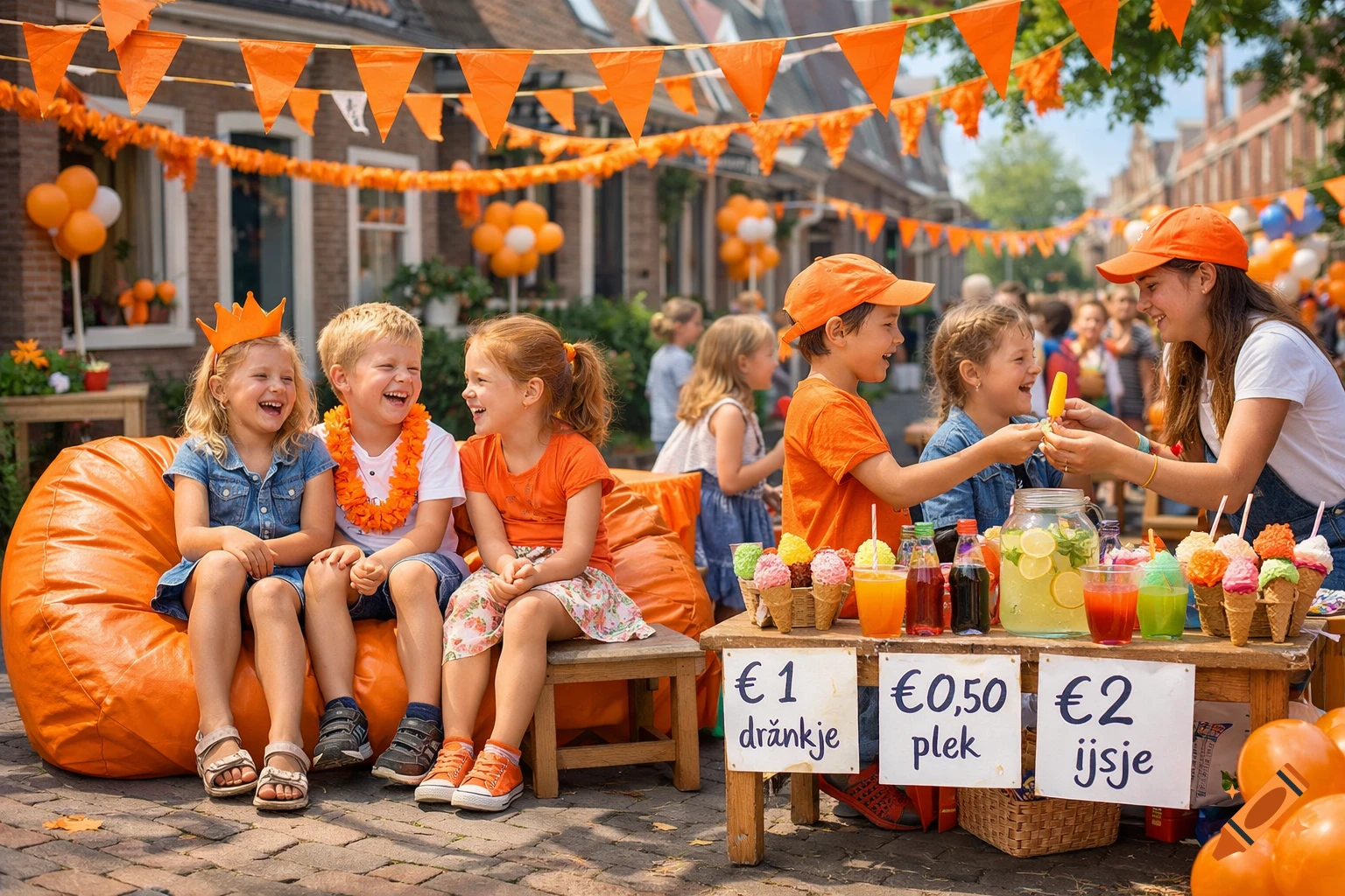 Photorealistic image of children celebrating Koningsdag on a sunny street, sitting on an orange beanbag and buying treats from a stand.