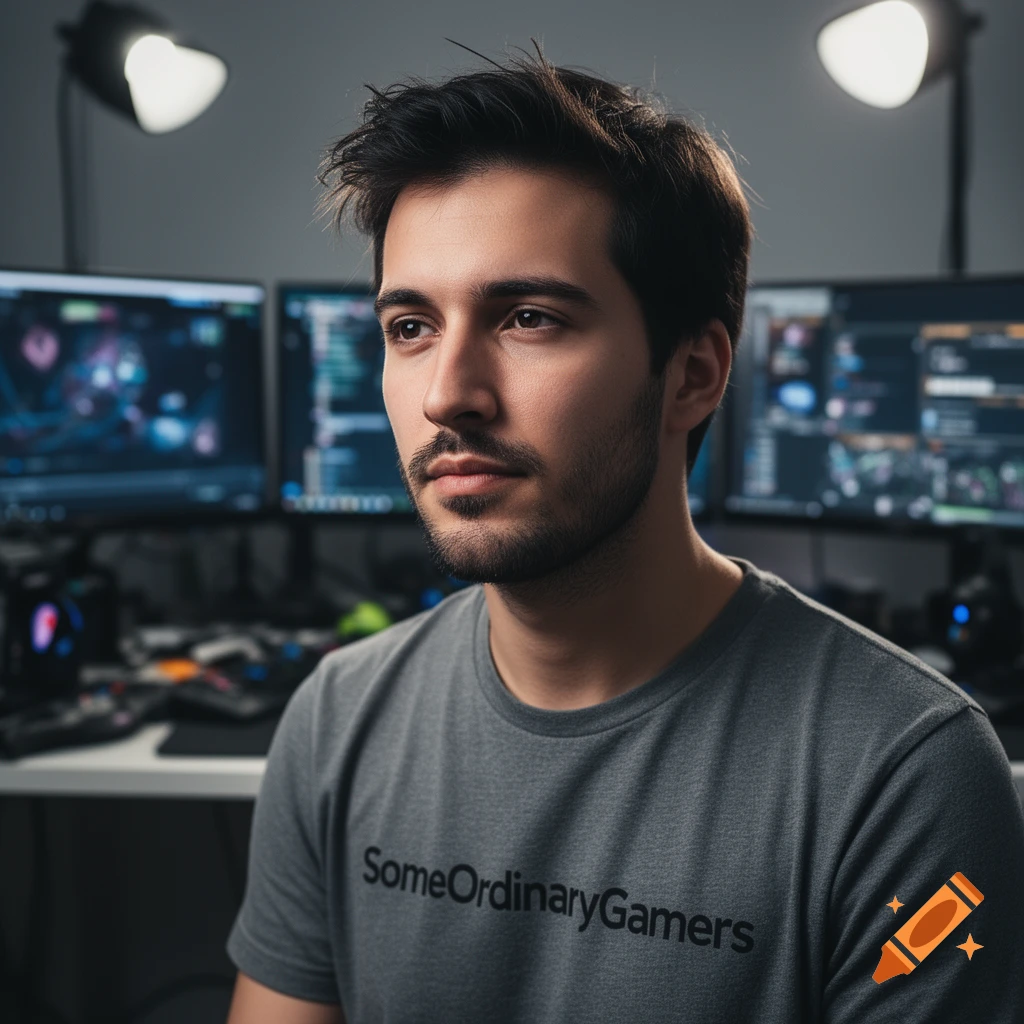 A young man with a beard wearing a 'SomeOrdinaryGamers' t-shirt sits in front of multiple computer monitors, looking to the side in a photorealistic style.