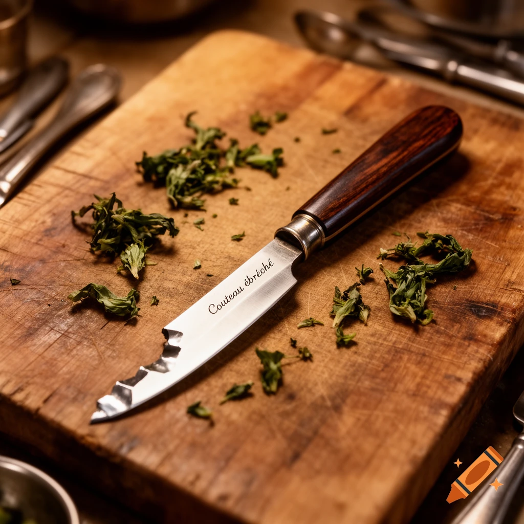 Photorealistic close-up of a chipped knife with a wooden handle on a rustic cutting board with scattered herbs.