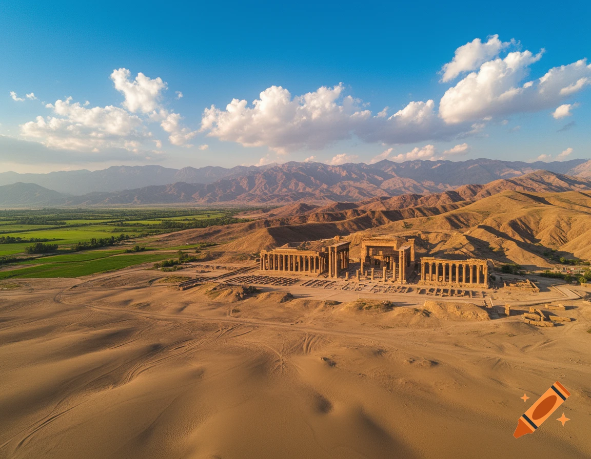 Aerial view of ancient ruins with columns in a vast desert landscape, flanked by a green valley and mountains under a blue sky.