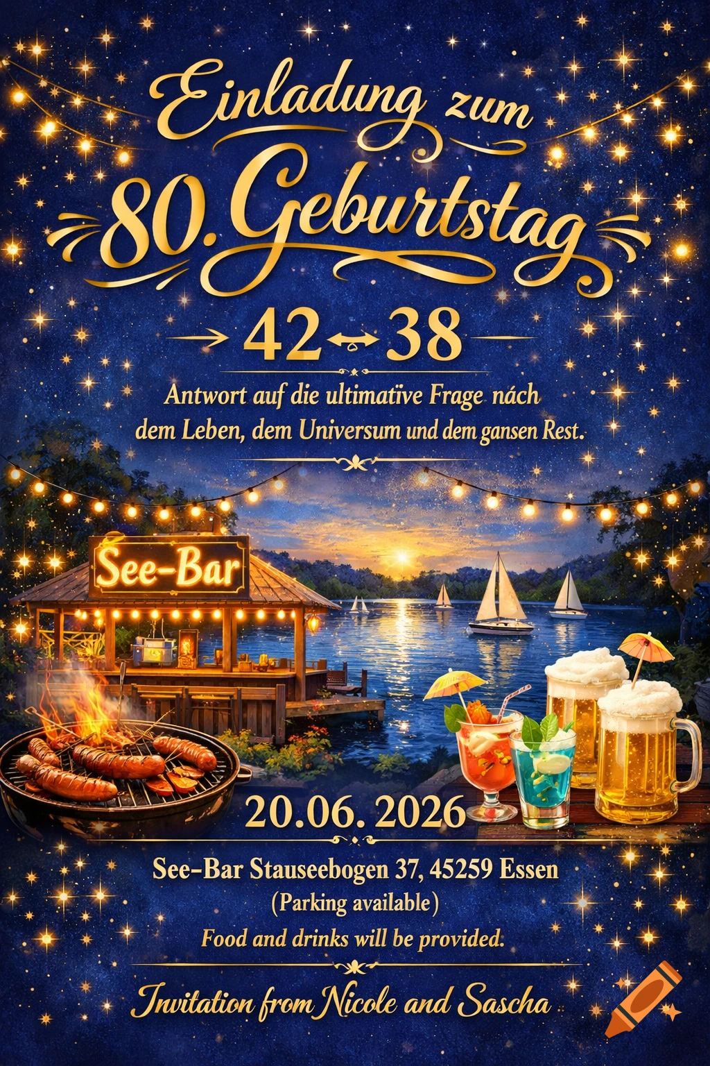 A vibrant birthday invitation postcard with golden text for an 80th birthday. It features a lakeside bar at sunset, barbecue grill, cocktails, and fairy lights.
