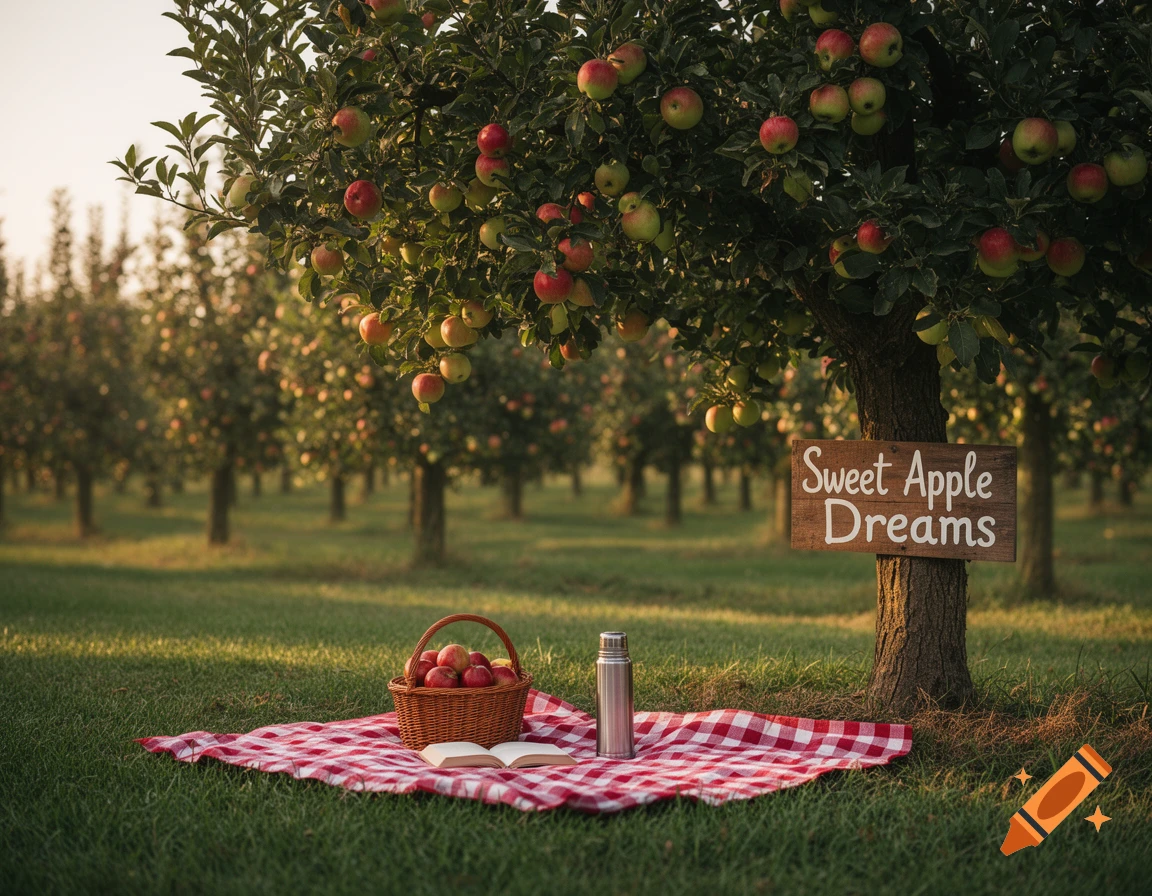 Photorealistic apple orchard scene with a picnic blanket, apple basket, and a sign reading 'Sweet Apple Dreams' on a tree.