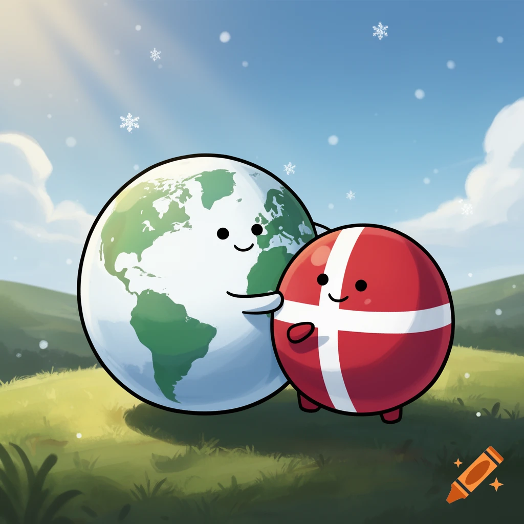 Cartoon Earth and Denmark countryballs hugging as snowflakes fall over a green landscape.