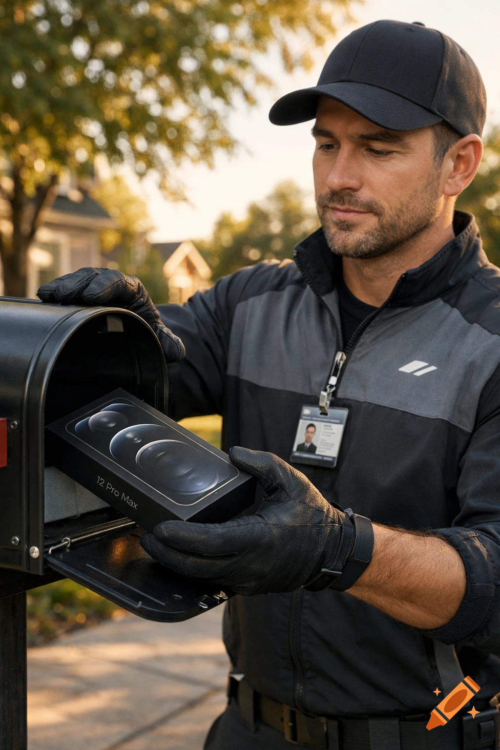 Photorealistic image of a delivery man in a gray and black uniform taking an iPhone 12 Pro Max box from a mailbox.