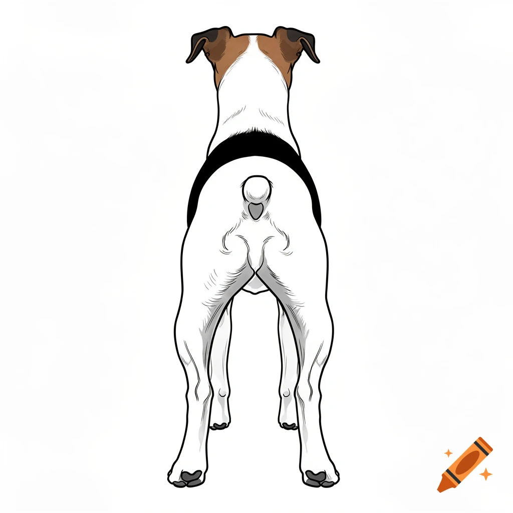 Scientific illustration of a Foxterrier dog from behind, showing its cow-hocked hind legs against a white background.