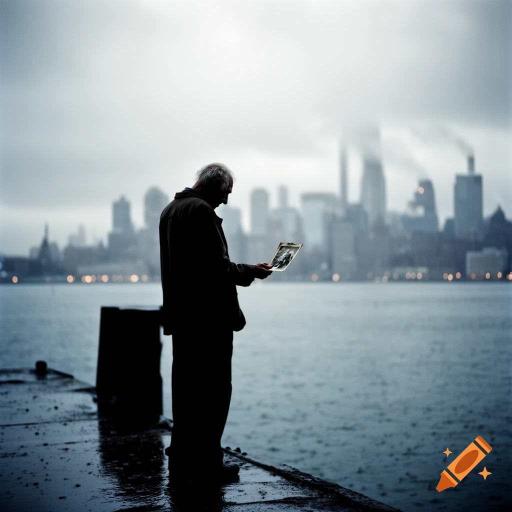 An old man stands on a pier on a gloomy, rainy day, looking at a small photograph with a city skyline in the background.