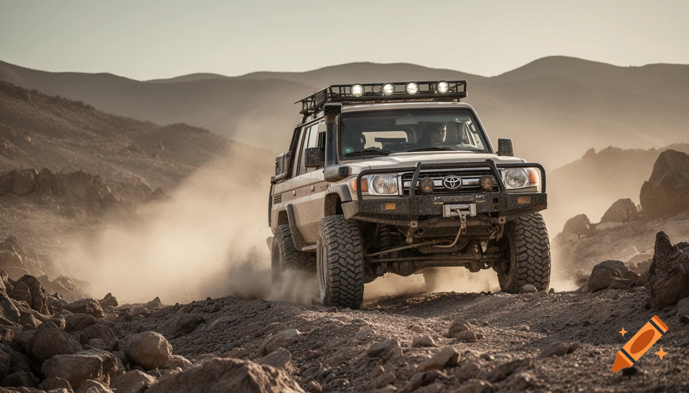 A heavily modified Toyota Landcruiser 70 series kicking up dust while driving through rocky desert terrain.