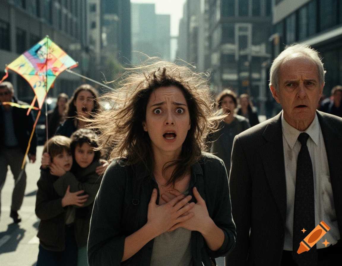 A distressed woman and an older man look terrified on a busy city street, with children clinging behind her and a colorful kite in the background.
