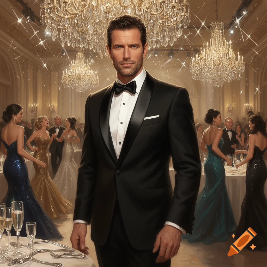 A man in a black tuxedo stands confidently at a luxurious formal event with crystal chandeliers, surrounded by other guests.