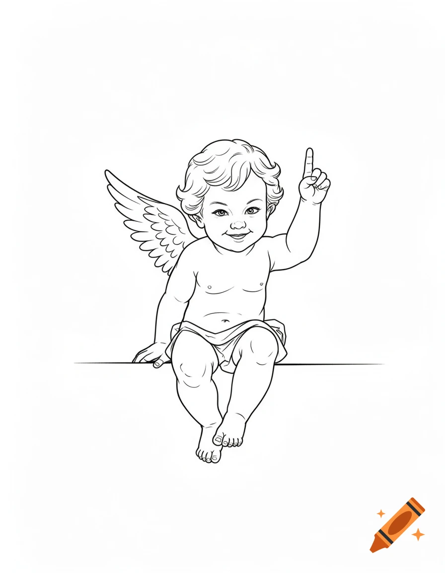 A line drawing of a smiling cherub with wings, sitting and pointing its index finger upwards.