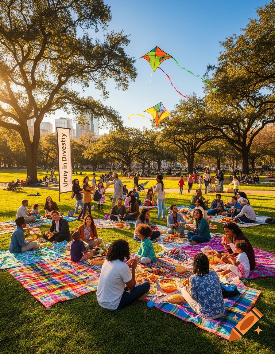 Diverse families picnic in a sunny park with flying kites and a banner reading 'Unity in Divestiy'. City buildings in the background.