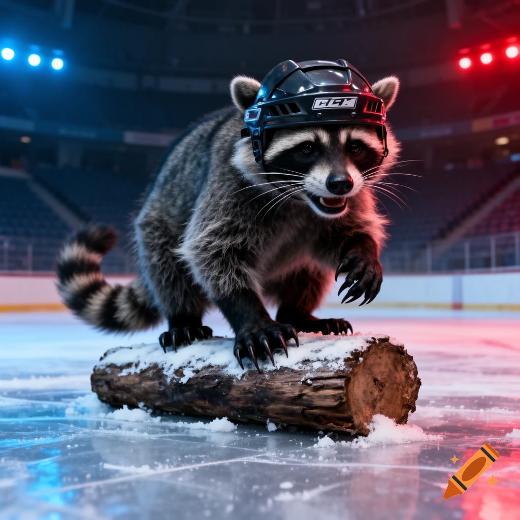 A fierce raccoon wearing a black hockey helmet stands on a snow-covered log on an ice rink under red and blue lights.