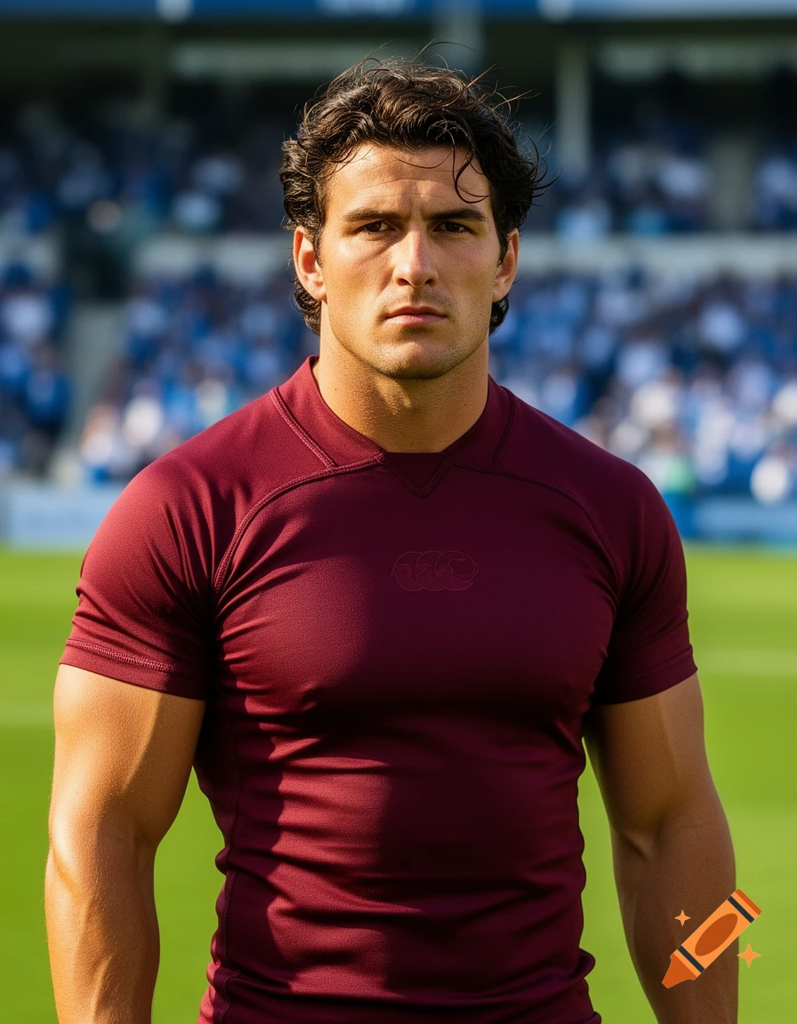 Photorealistic portrait of a muscular man with dark hair, wearing a maroon rugby jersey, standing on a green sports field.