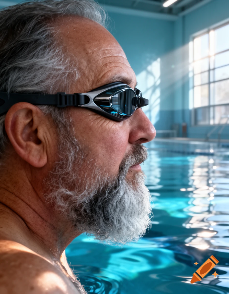 Side profile of an older man with a white beard and swimming goggles in a pool, looking towards a sunny window.