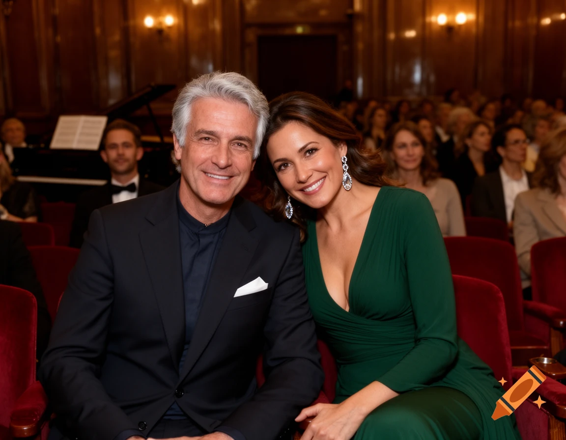 A smiling grey-haired man in a suit and a woman in a deep green dress with pendent earrings, sitting together in a concert hall.