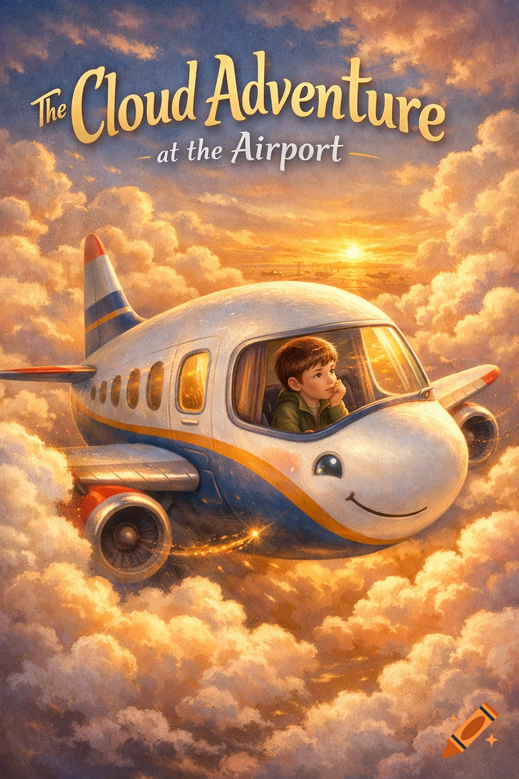 A boy sits inside a smiling cartoon airplane flying through golden clouds at sunset, with the title "The Cloud Adventure at the Airport".