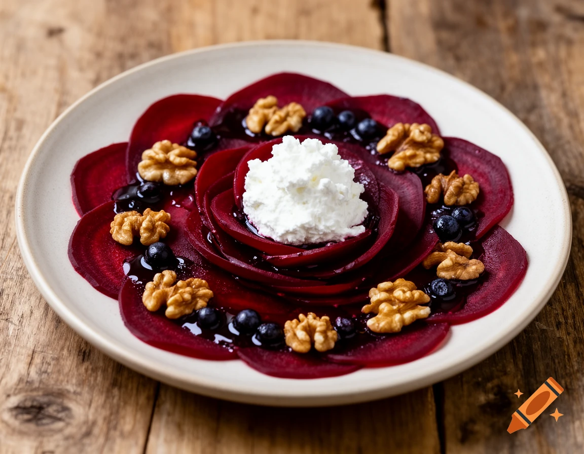 Delicate beetroot carpaccio with roasted walnuts, wild blueberry vinaigrette, and horseradish quark on a white plate.