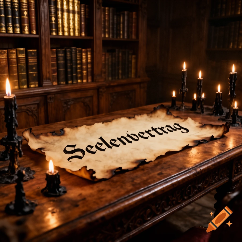 A parchment with 'Seelenvertrag' on a wooden table, surrounded by lit candles in a dark library.
