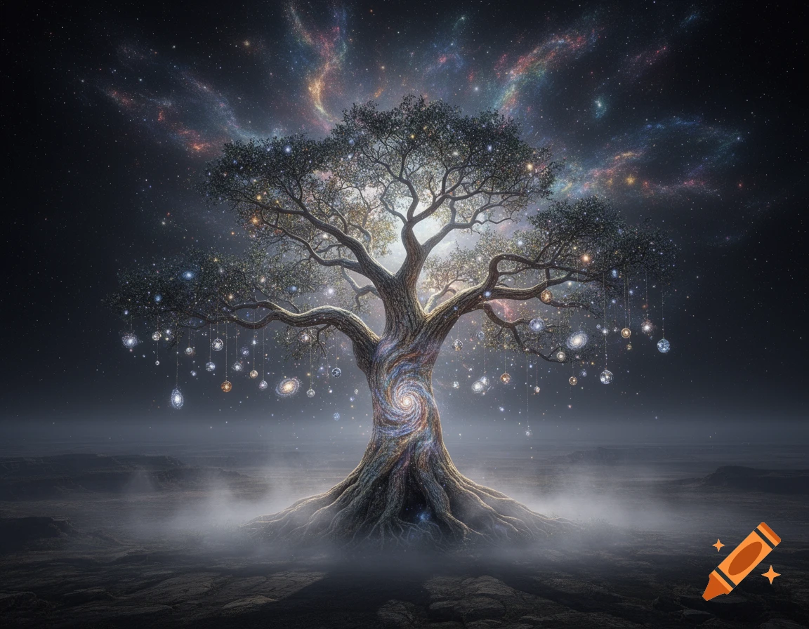 A mystical cosmic tree with glowing stars and miniature galaxies ...