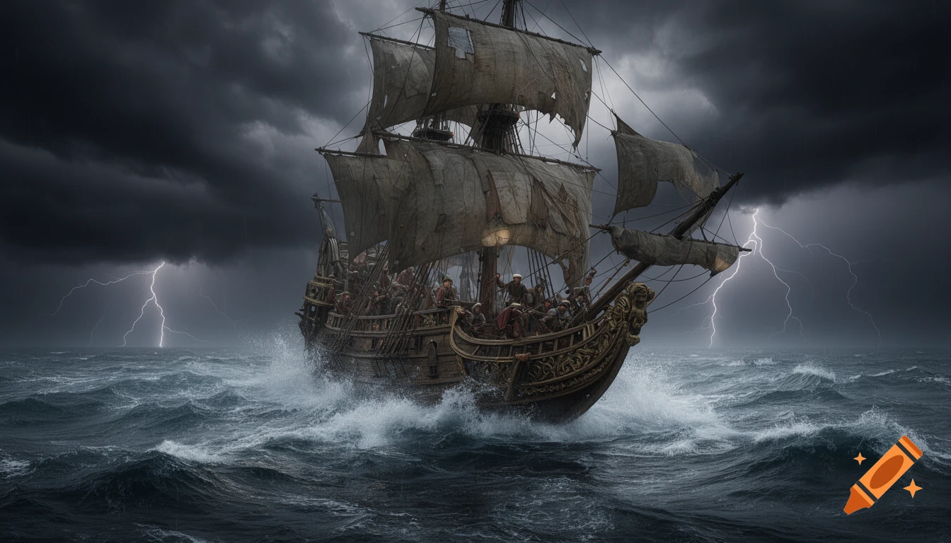 A photorealistic medieval sailing ship battling rough waves under a dark, stormy sky with lightning.