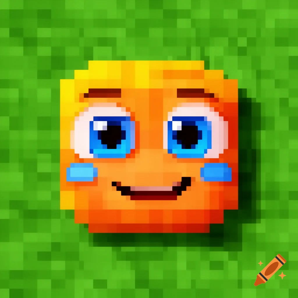A smiling orange pixel art emoji with large blue eyes and blue blush marks on a green pixelated background.