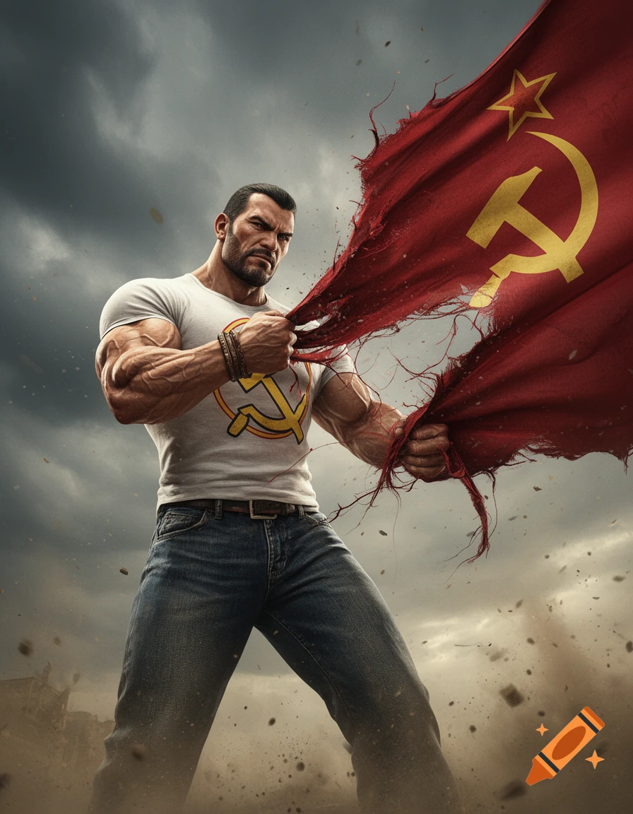 A muscular man, resembling Serious Sam, forcefully tears a red Soviet Union flag with a hammer and sickle under a stormy sky.