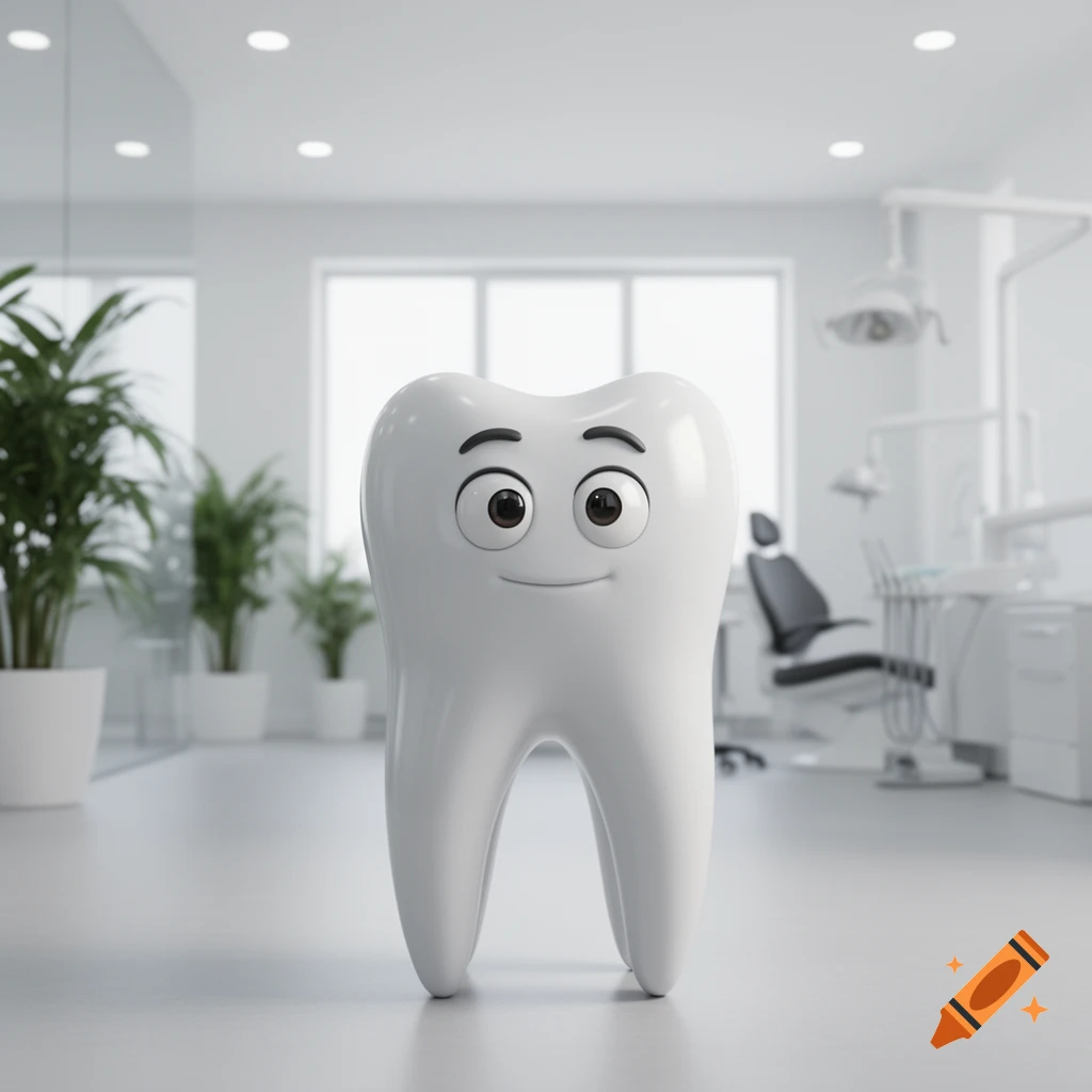A happy 3D rendered cartoon tooth character stands in a bright, modern dental office with plants and equipment.