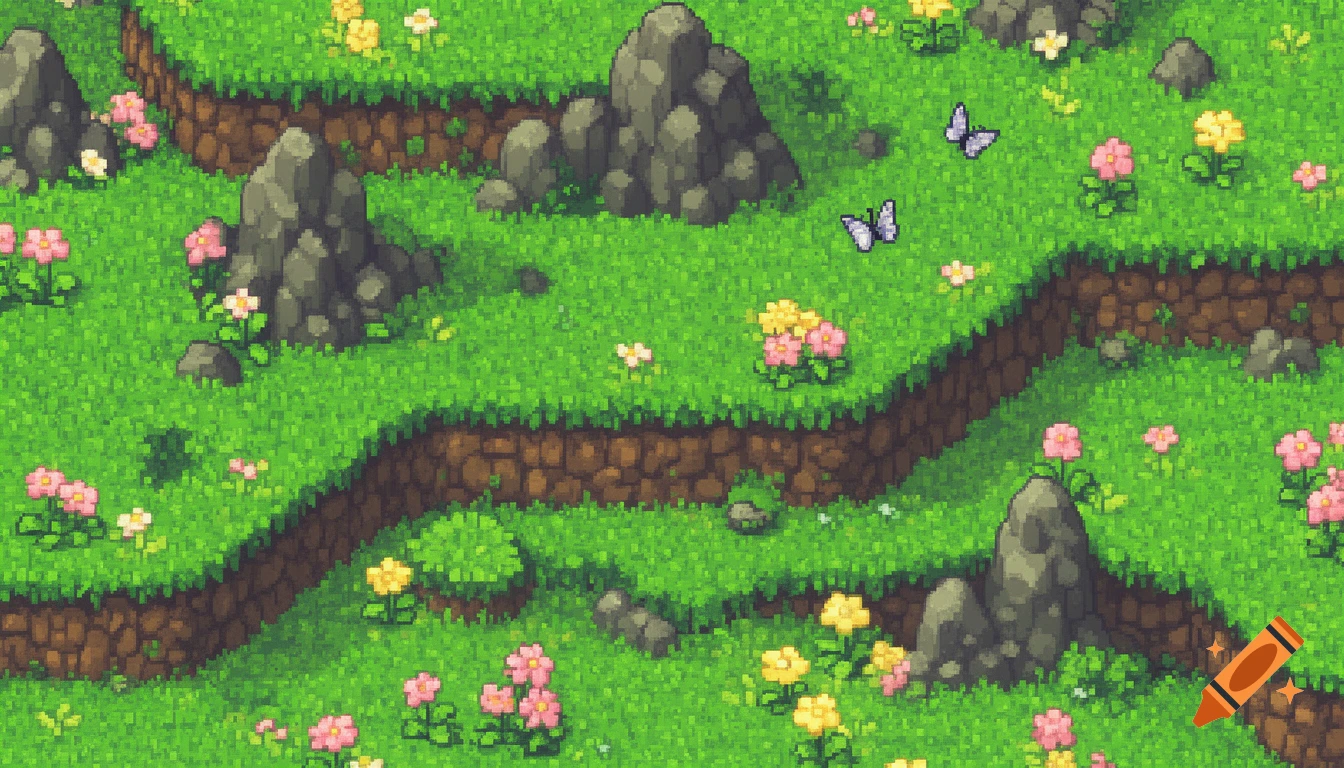 Seamless 16-bit pixel art game tileset texture depicting a green spring landscape with rocks, pink and yellow flowers, and butterflies.